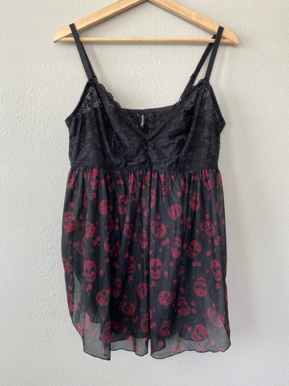 Torrid 2X Black Lace Babydoll Top Skull Rose Print Mesh Goth Halloween Whimsy